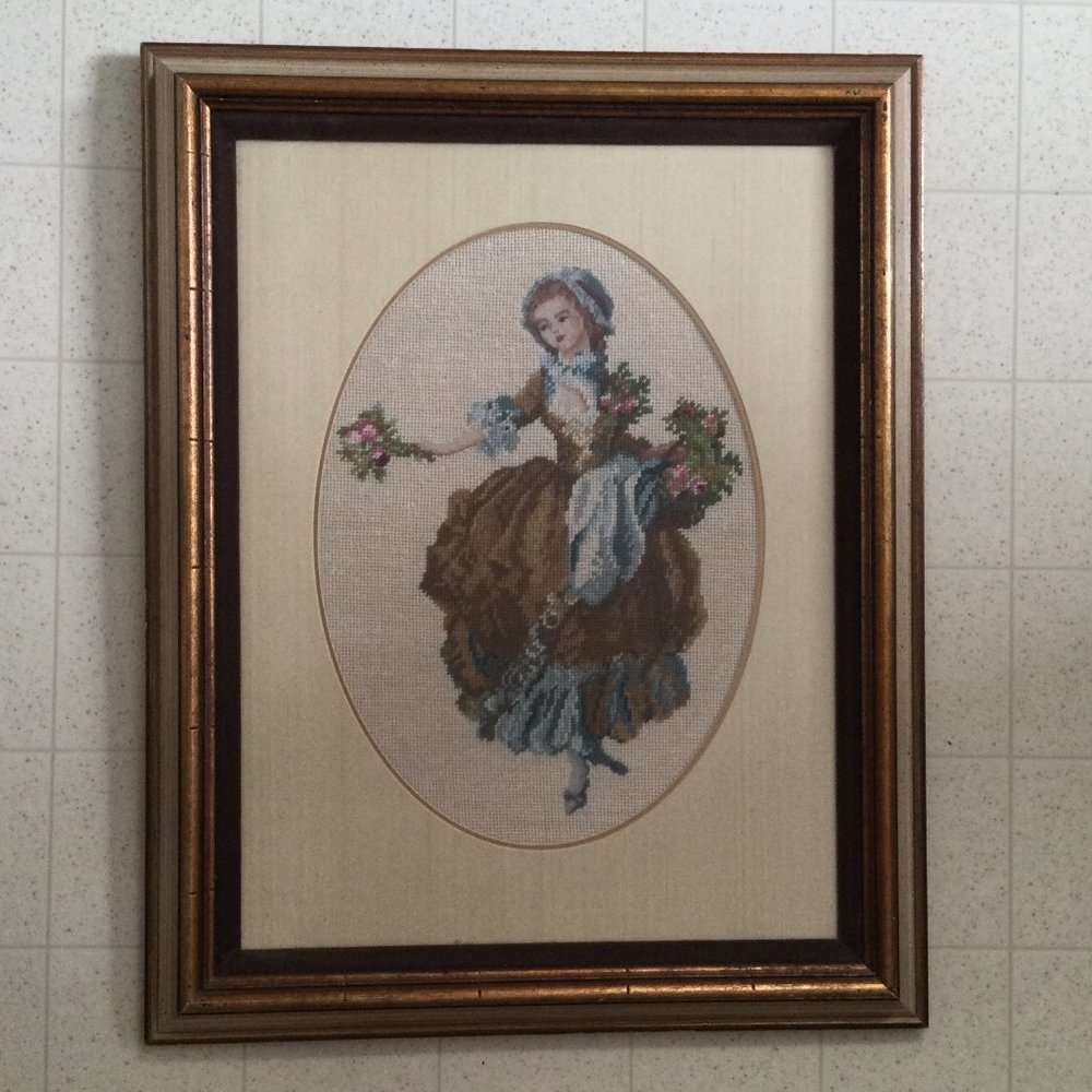 Handmade Petit point needlework wall hanging wood frame embroidery portrait lady